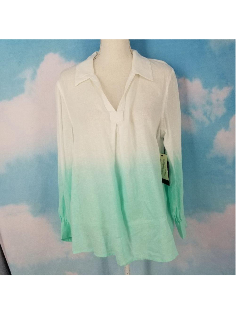 Vince Camuto Dip Dye Linen Top NWT Aqua White Size Large Oversized Fit
